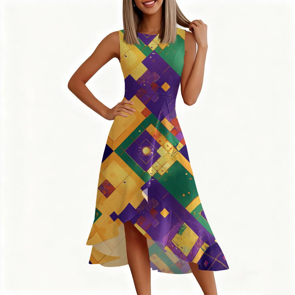 Women's Fashion Casual Sleeveless Round-Neck Printed Ruffled Dress with Zipper