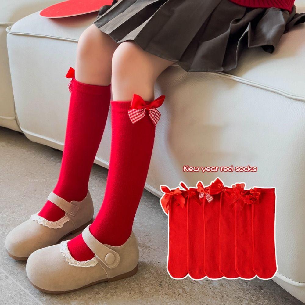 

Thicken New Year Red Socks Warm Middle Tube Socks Cute Children s Socks Mesh Bow