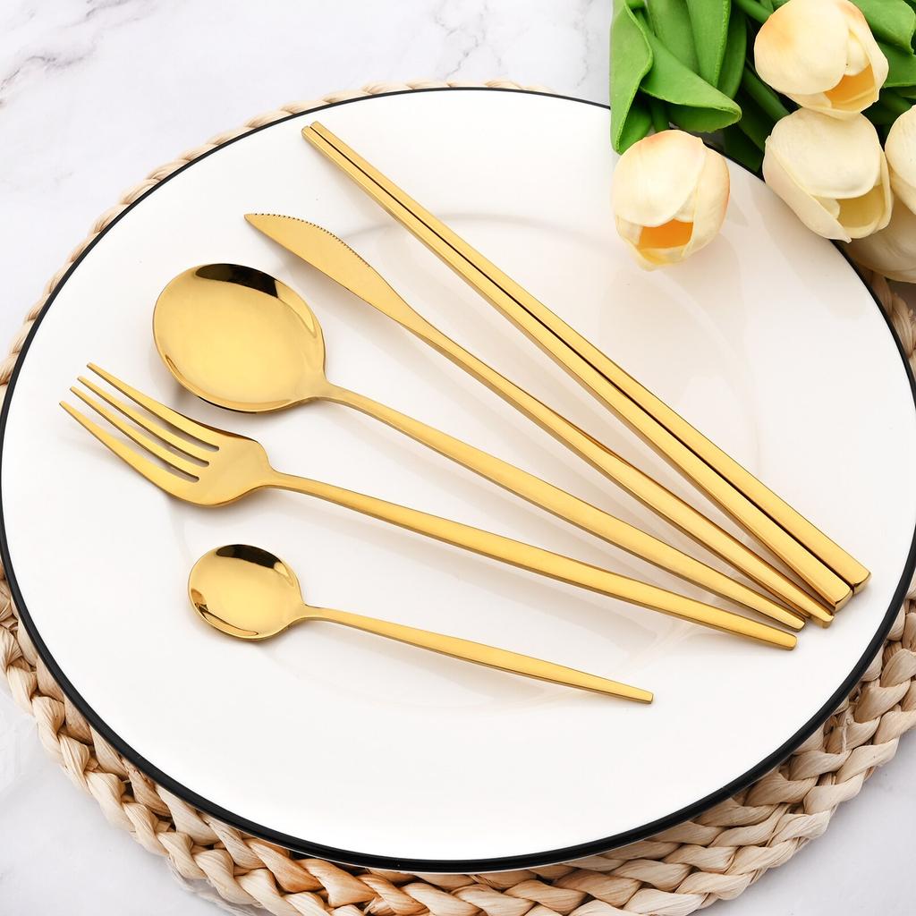 Gold 2Pcs Stainless Steel Tableware Set Mirror Dinner Spoon 304 Chopsticks Cutlery Set Lunch Dinner Set Portable Travel Dinnerware
