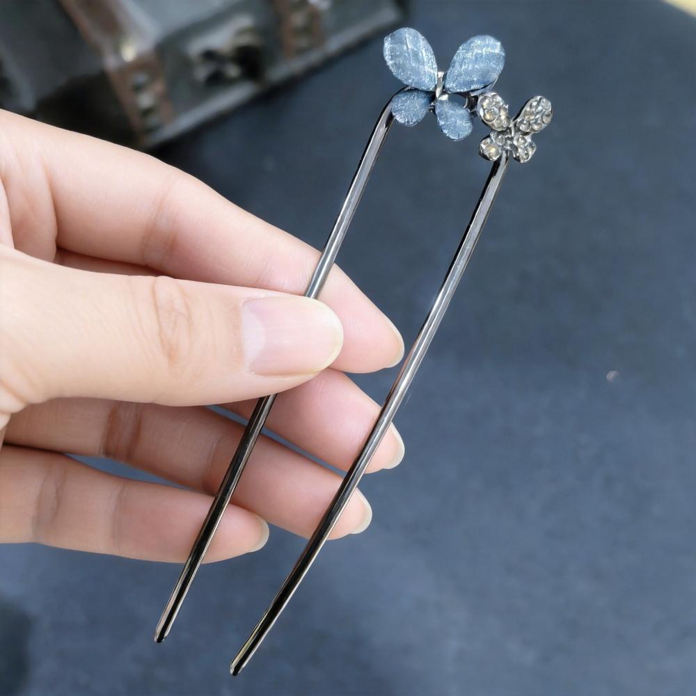 Vintage Floral Butterfly Hair Stick For Women Girls Metal U-shaped Hairpin Blue Crystal Hair Forks Updo Bun Hair Accessoriesge