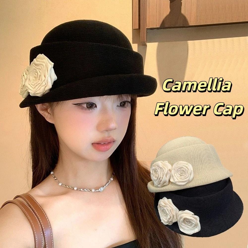 Elegant Camellia Flower Cap French Style Women's Formal hat Vintage Floral Bowler Hat Famale