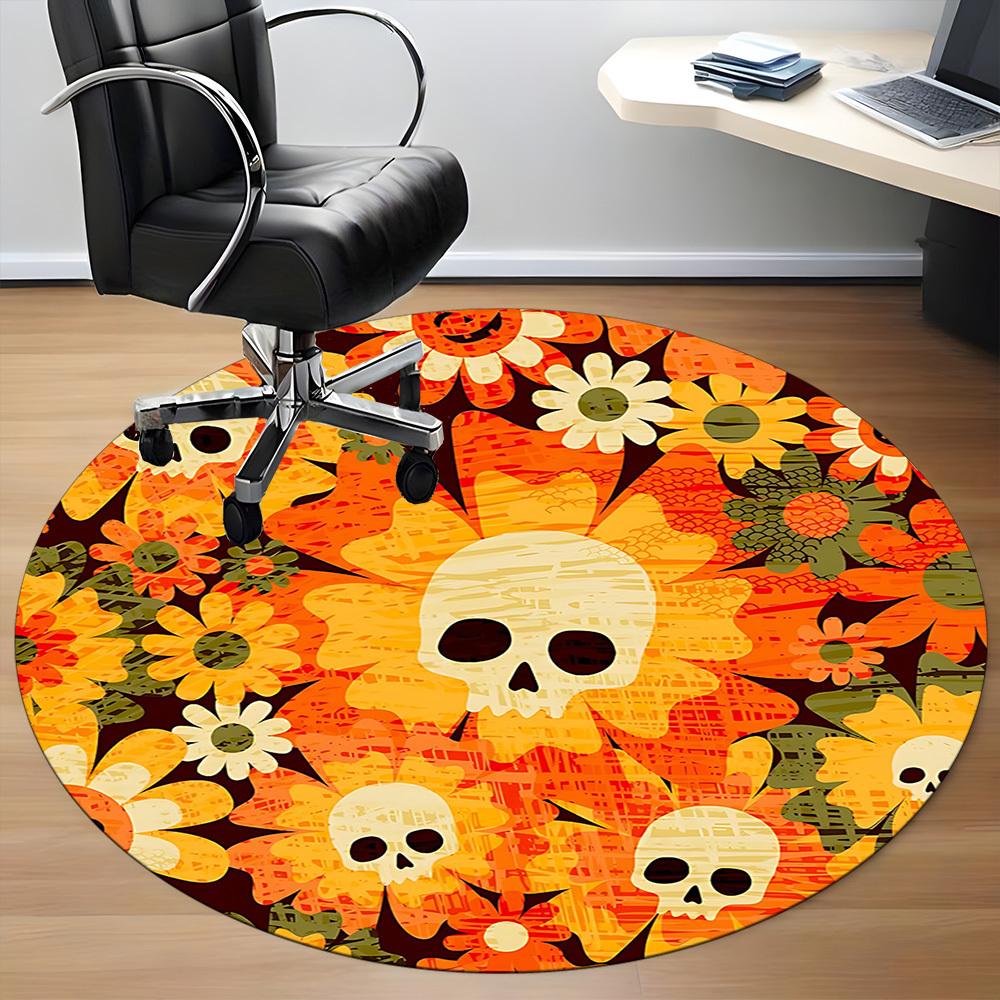 1pc Skull Flowers Office Round Area Rug, Mat Suitable For Office, Under Office Chairs Bedroom Living Room Home Decor, Room Deco
