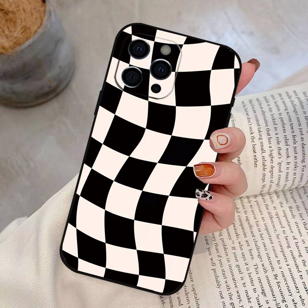 Solid color plaid Phone Case For iPhone 17,16,15,14,13,12,11 Plus,Pro Max,XS,Soft Silicone Black Cover