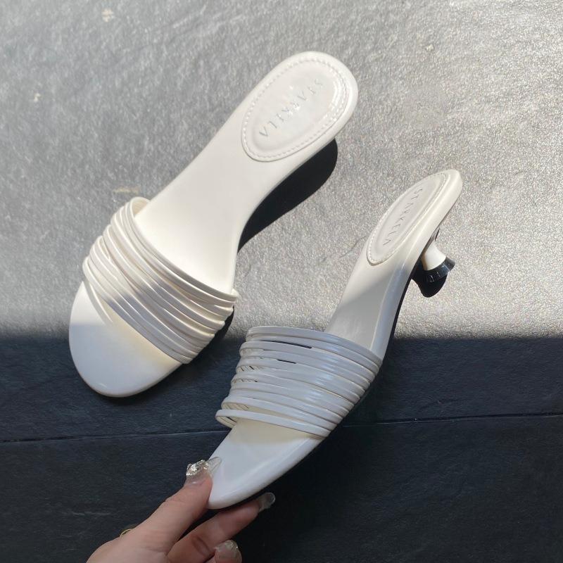 Fashion Comfort Round Toe Kitten Heel Brand Slippers Women Sexy Open Toe Shallow Narrow Band Design Slide Sandals Elegant Party Dresses
