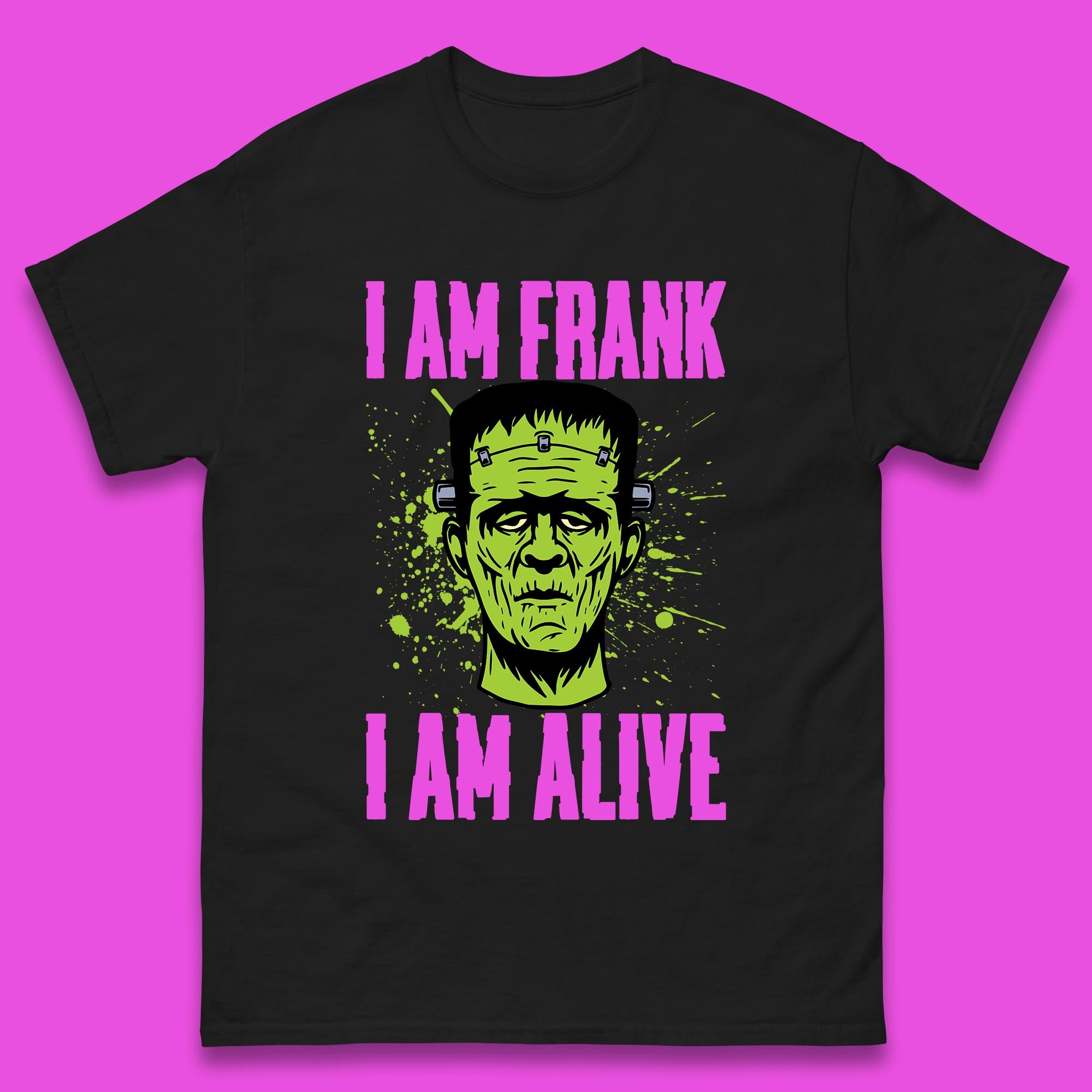 I Am Frank I Am Alive Halloween Green Frankenstein Monster Zombie Horror Face Mens Tee Top S