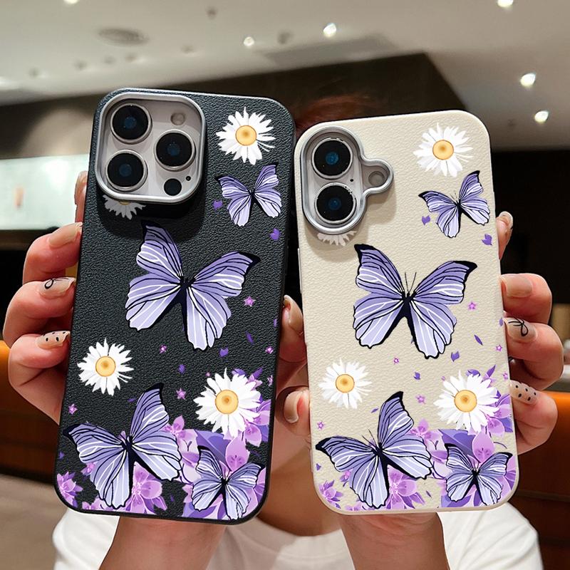 Butterflies Flowers Phone Case For iPhone 16 15 Pro Max 16e 15 14 Plus 13 12 Pro Max 11 Shockproof Leather Texture Soft Colourful Cover
