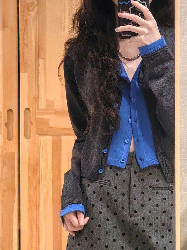 Women's New Arrival Retro Color Block Two-Piece Look Cardigan T-shirt - Early Autumn Casual Short Top
