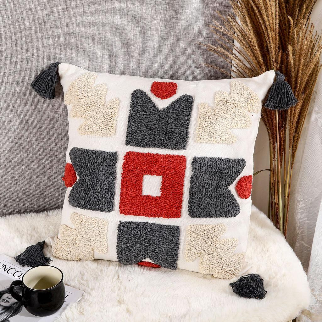 Nordic Moroccan Tassel Tufted Pillow Light Luxury Famous Style Embroidered Back Cushion Pillow Cover Happy Word Cushion