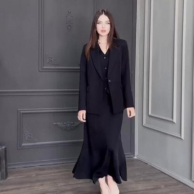 2024 Autumn Women's Solid Color Elegant Suit & Midi Skirt Three-Piece Set