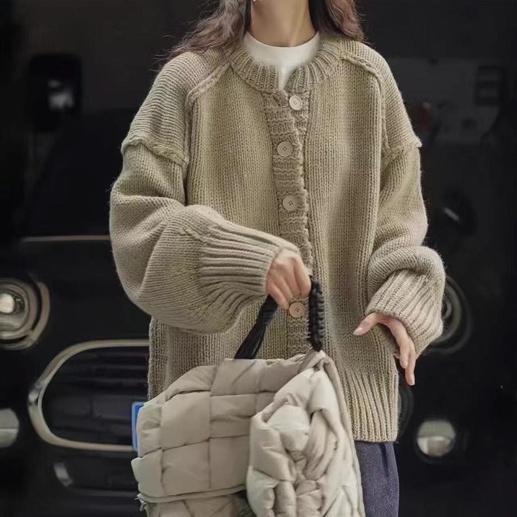 Solid color reverse-set knitted women's cardigan autumn and winter new lazy style casual loose round neck cardigan jacket