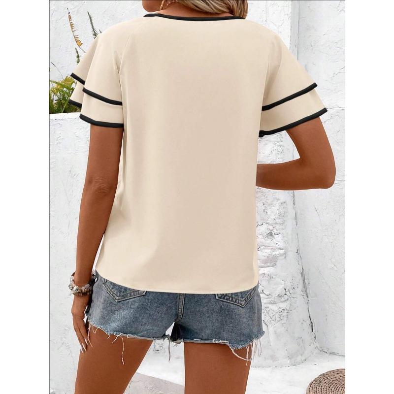 Women Elegant Ruffled Sleeve Color Block Loose Round Neck Short Sleeve Top