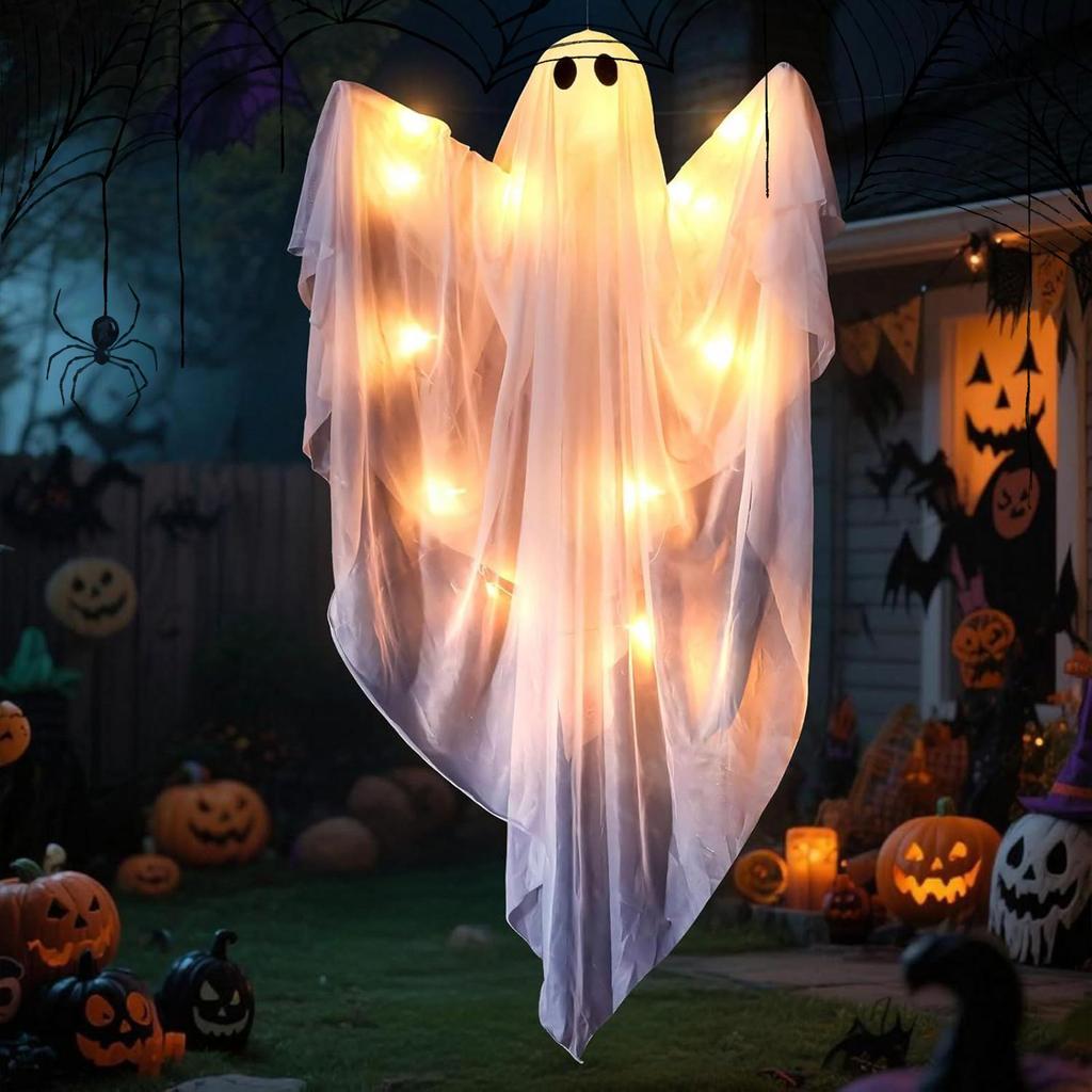 Halloween Ghost Dimmable Light Up Ghost Decorations Hanging Ghost Halloween Deco Ghost Pendant with 3 Light Modes and Sound
