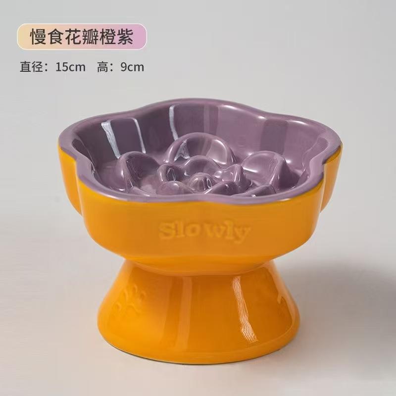 Creative Ceramic Drinking Water Food Tall footed Pet Bowls Anti Overturning Neck Protection Slow Food Anti Choking Cat Bowl, 1Pc