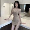 Sexy neck swing collar chain suspender skirt slim and thin hip wrap split open back dress