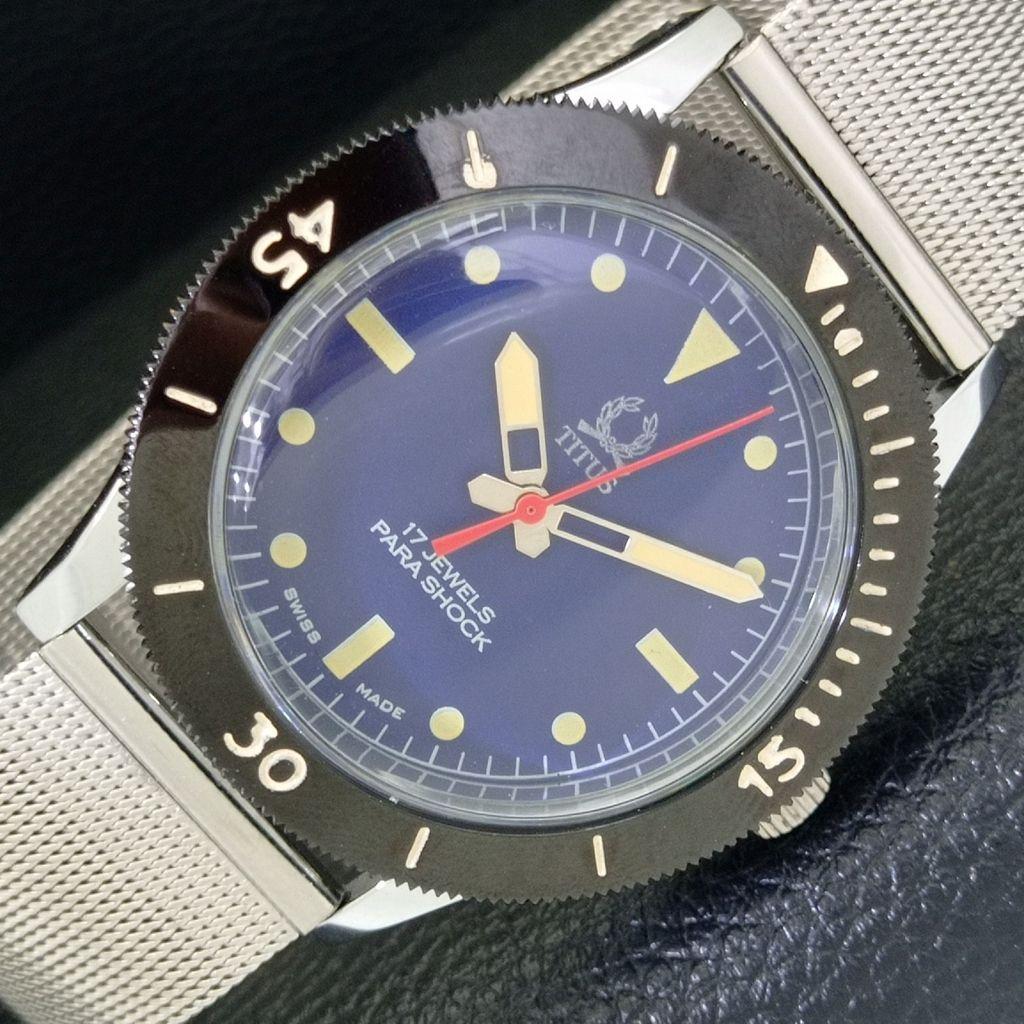 

SWISS VINTAGE TITUS HAND-WINDING MENS TURNABLE BEZEL BLUE DIAL WATCH a700033-5 R201-a700033