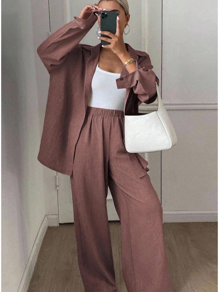 Button Down Collar Shirt and Wide Leg Pants Set In Light Blue