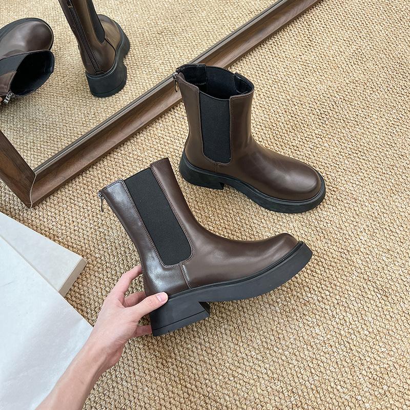 Cowhide Version~ British Style Fashion Thick Heel Chelsea Short Boots Women's Platform Short Rear Zipper Martin Boots Cigarette Boots