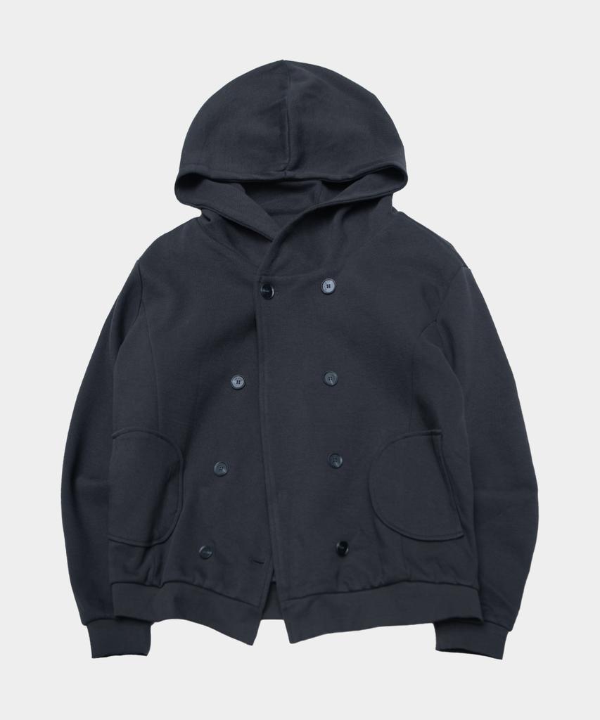 SOME PLACE Double Button Round Pocket Detail Semi-Overfit Soft Hooded Long Sleeve Coat [Charcoal]