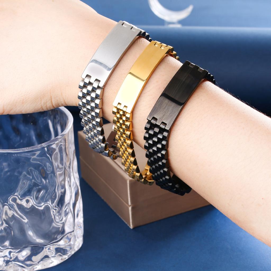 15mm Wide Curved Bar Watch Band Bracelet for Men Stainless Steel Adjustable Titanium Steel Korean Fashion Jewelry