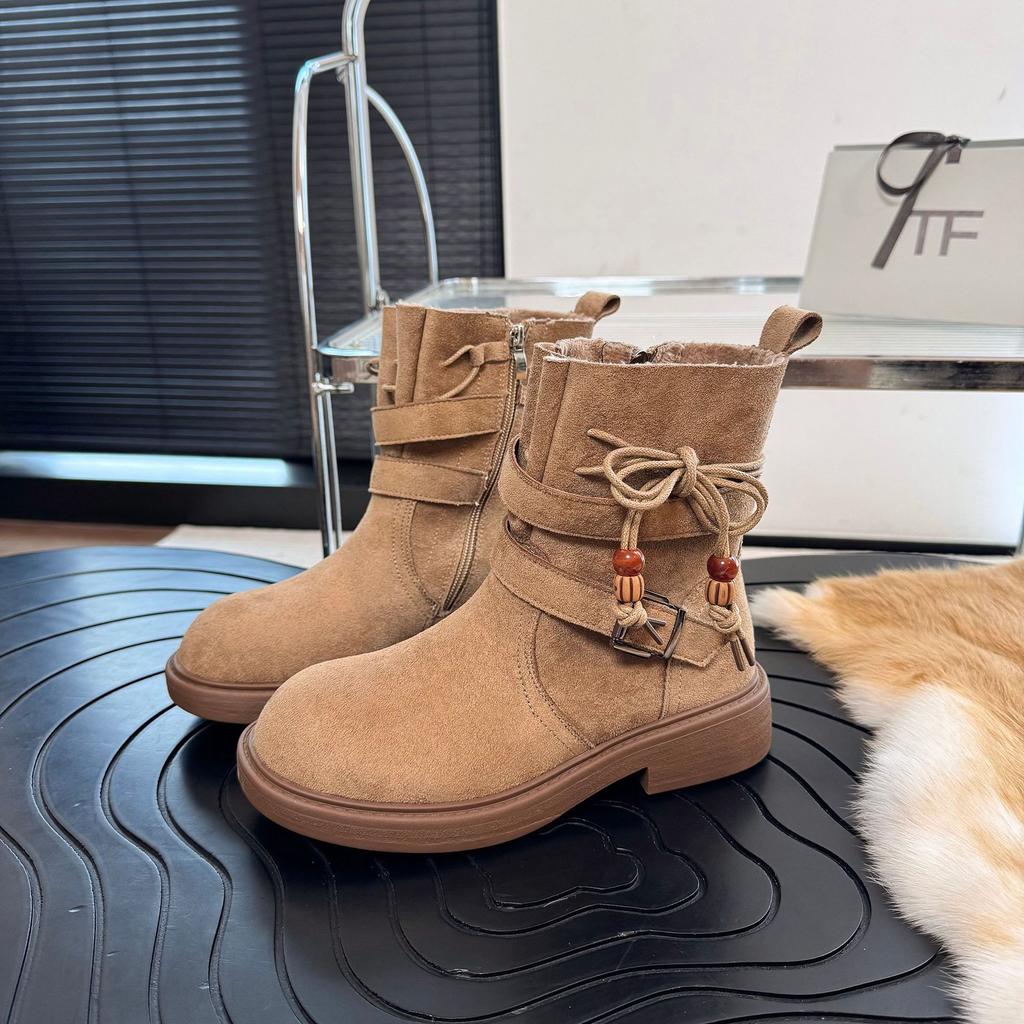 2025 autumn side zipper short knight boots women's autumn new round head thick heel belt buckle suede short boots