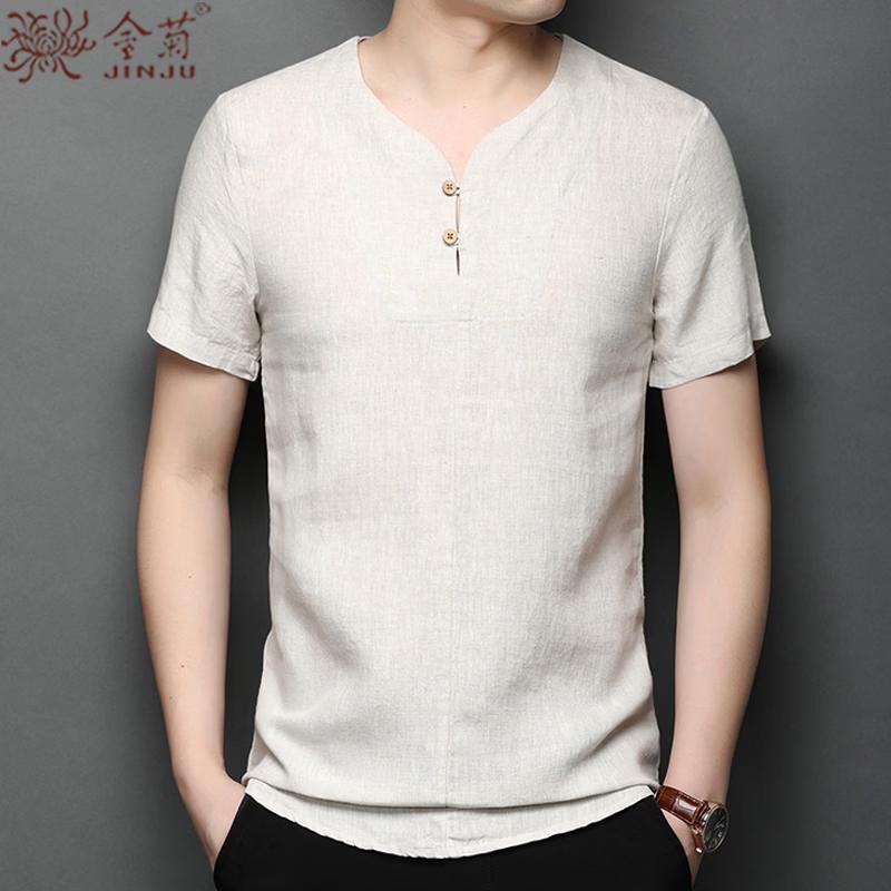 Jinjuan Men's 100% Linen V-Neck T-Shirt