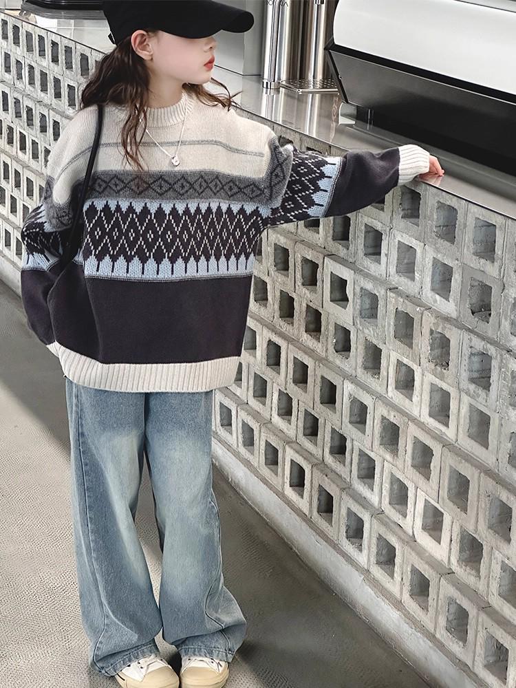 Girls' Diamond Knit Sweater - Korean Style Pullover for Older Children, Autumn/Winter 2025