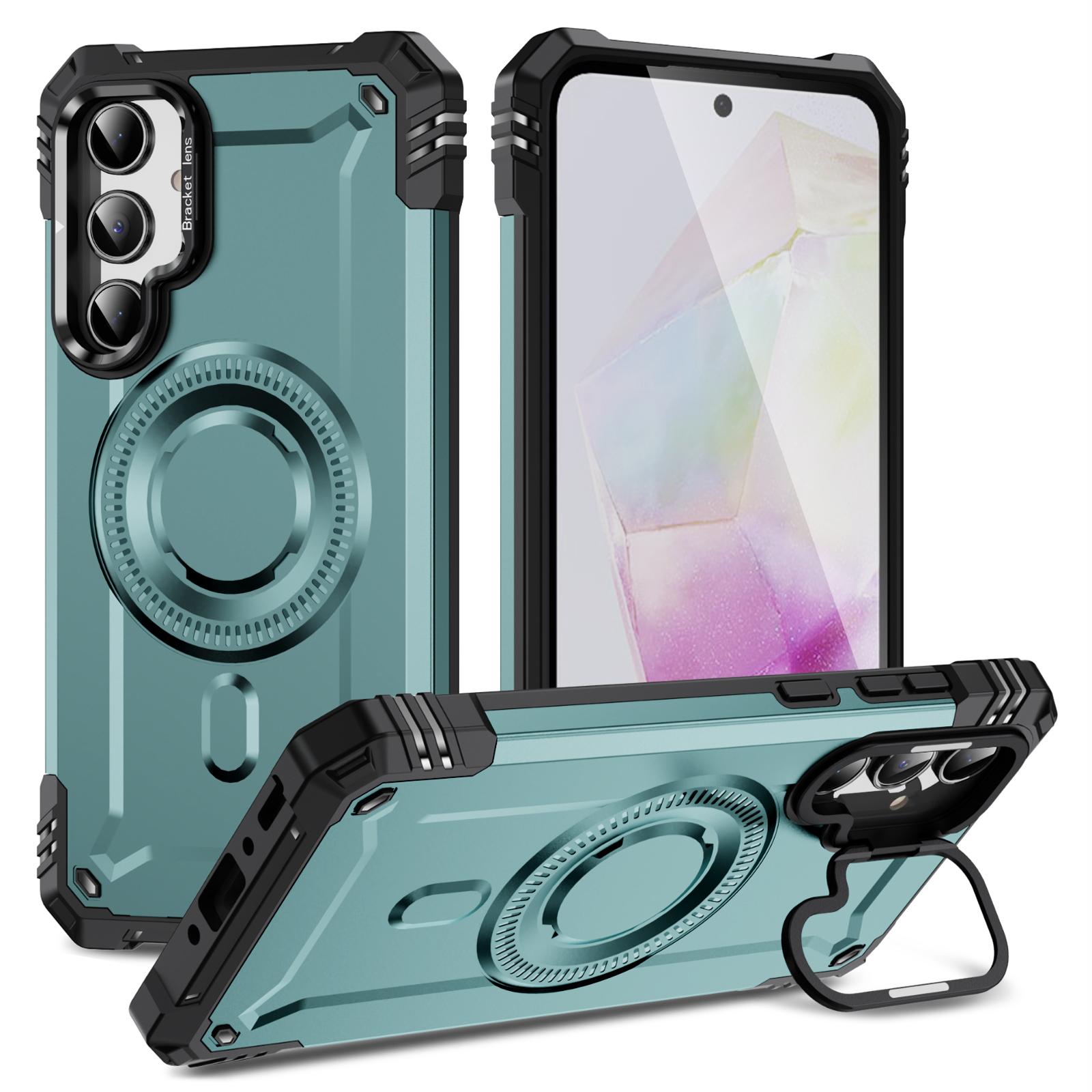 

For Samsung Galaxy A35 5G Case Compatible with MagSafe Metal Lens Frame Kickstand PC+TPU Mobile Cover Grey Green