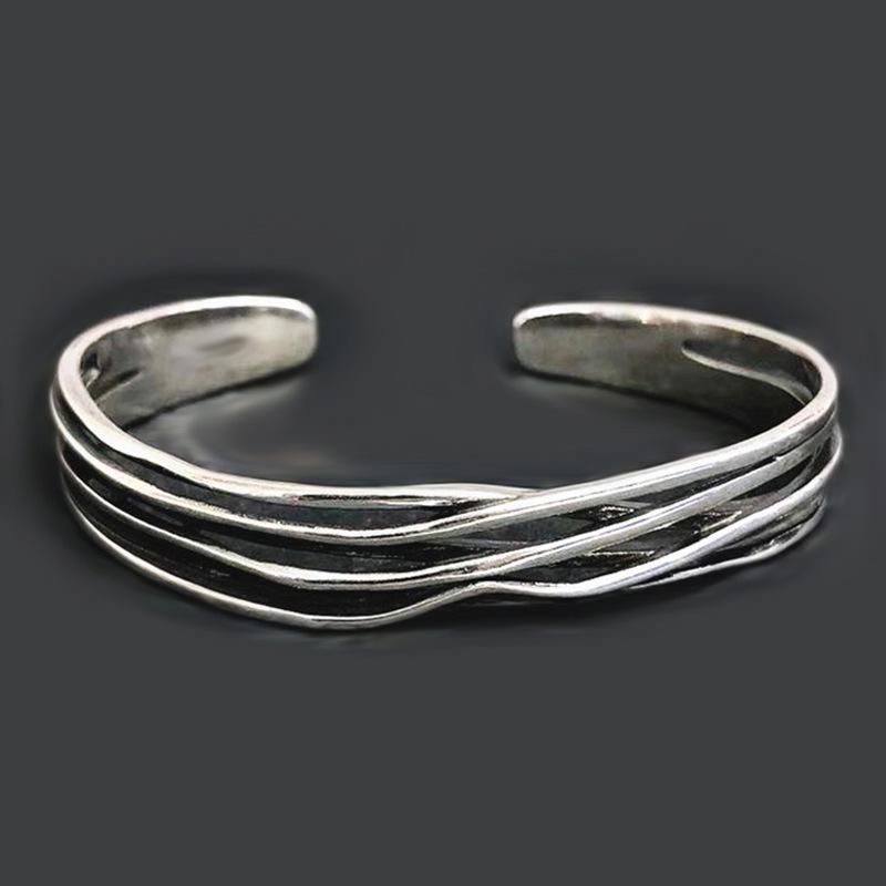Wave Weave Personalized Minimalist Silver Punk Bracelet - Open Design Bangle