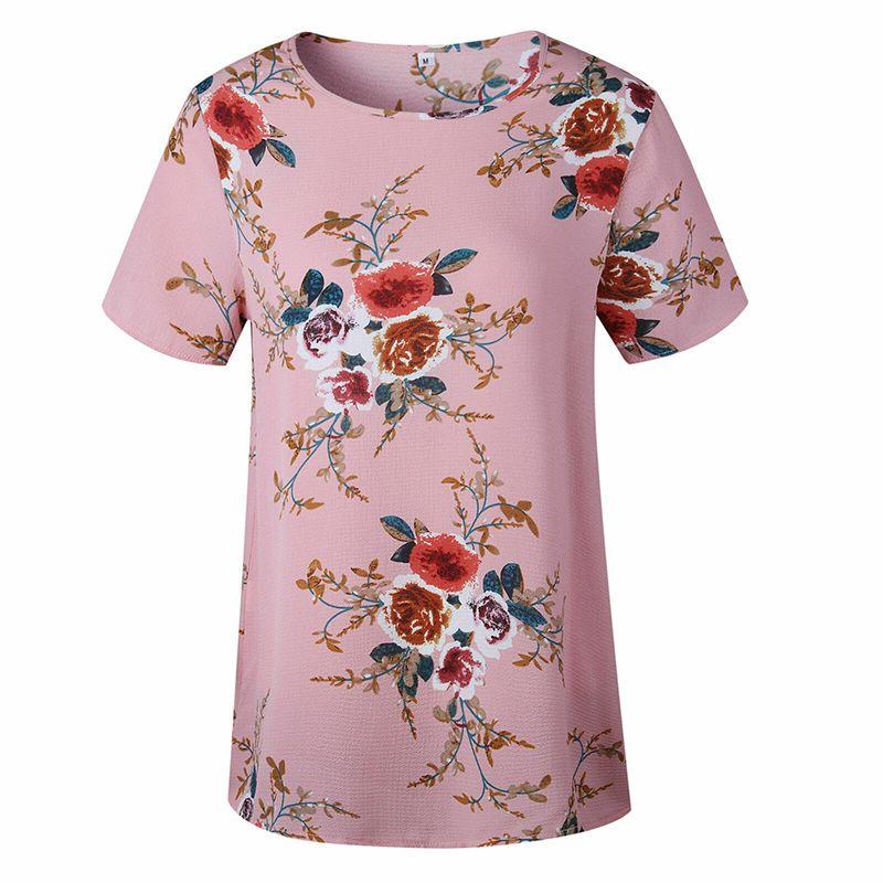 

Summer Women Blouse Floral Short Sleeve Ladies Chiffon Loose Casual Tshirt Tops Pink,3XL