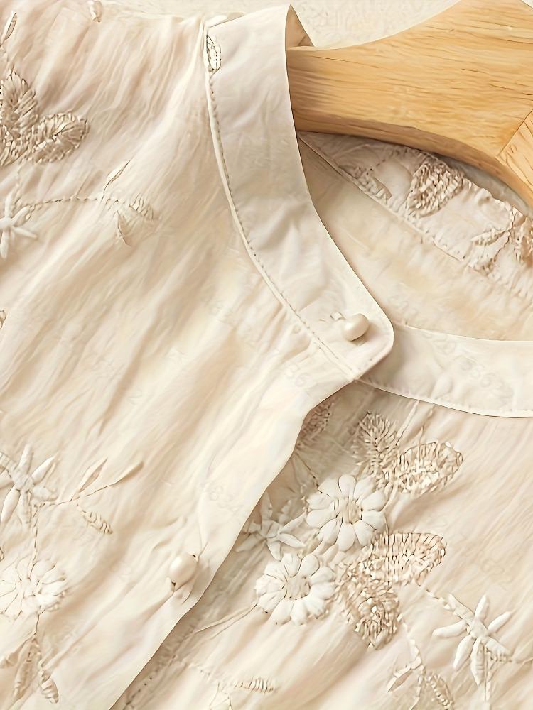 Button Front Floral Textured Blouse Vintage Three-quarter Sleeve Blouse for Spring & Fall Women's Clothing