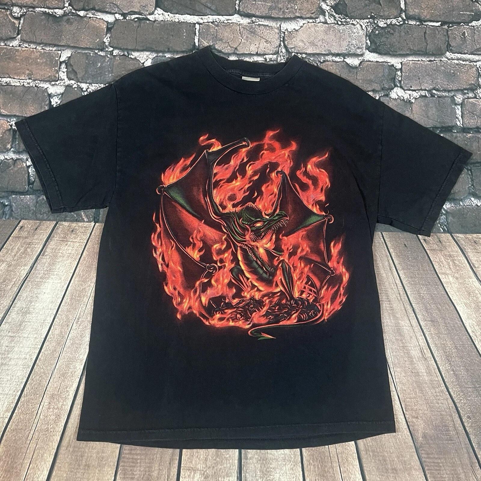 

Vintage Y2K Flaming Dragon Fire Graphic T-Shirt Size Large 2XL