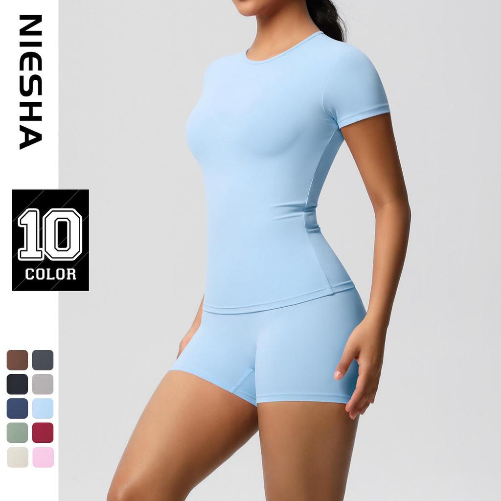 Women's Skin-friendly Sports Yoga Set: Solid Color Slimming T-shirt & Fitness Shorts