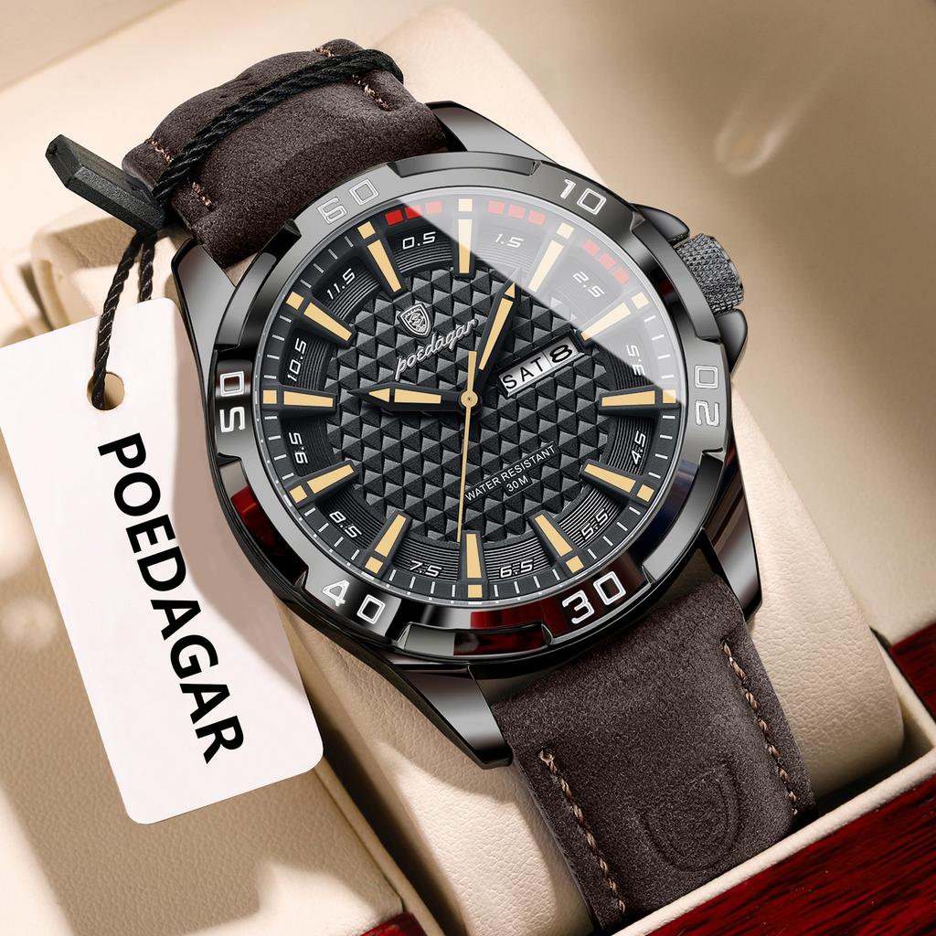 POEDAGAR Original Man Wristwatch Top Luxury Waterproof Luminous Date Week Watch for Men Quartz Sport Leather Watches Reloj