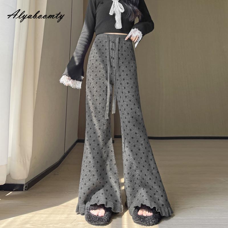 Elegant Fashion Autumn Winter Women Flare Pants High Waist Black Gray Polka Dot Knitted Trousers Feminine Ruffles Sweet Knitting Pants
