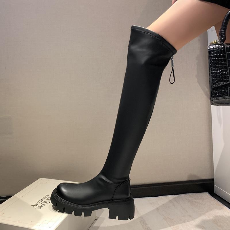 

Женские эластичные черные ботфорты на толстой подошве, новые зимние бархатные сапоги, визуально стройнящие 40 чёрный