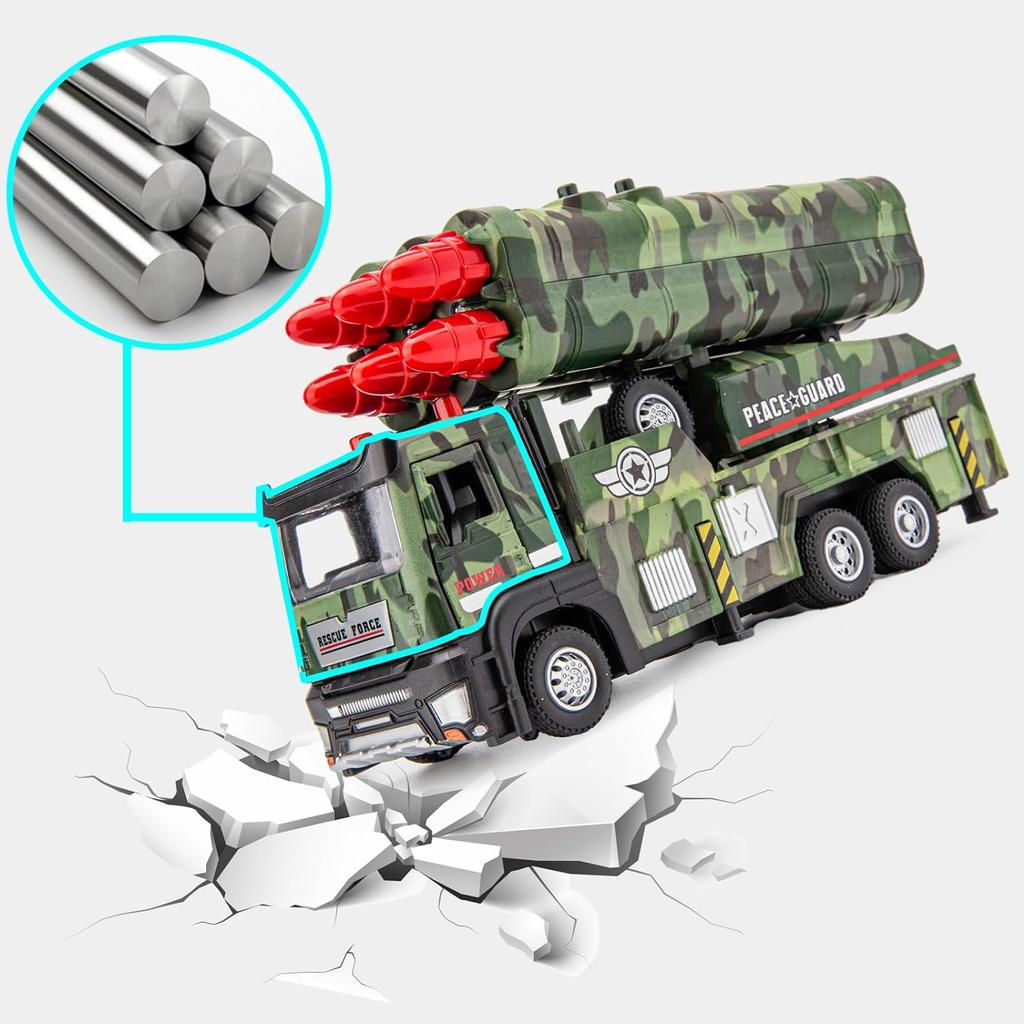 Army Toys Militär-LKW mit 6 abschussbaren Raketen, Druckguss-Spielzeugfahrzeuge, Modellautos mit Licht und Geräuschen, Pull Back and Go-Geschenk