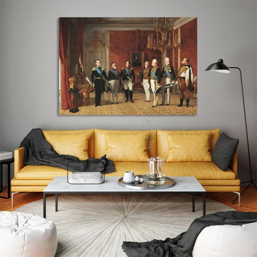 Póster de retrato de arte alterado vintage divertido con impresiones de Princes Pink Bubble Gums, pintura en lienzo barroca oscura, decoración de pared rococó