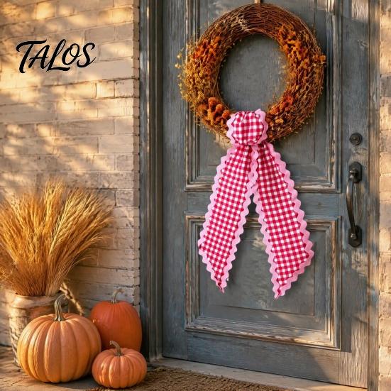 Decorative Door Bow Fall Scalloped Wreath Sash for Front Door, 55 Inch Plaid Gingham Autumn Ribbon Thanksgiving Harvest Yard Porch Doorway Indoor