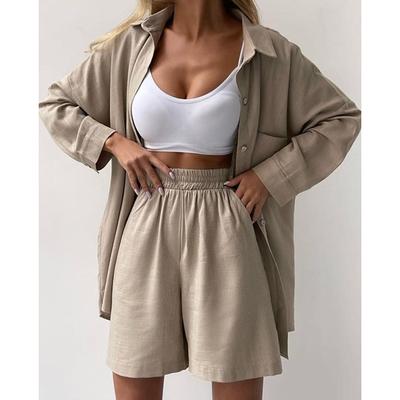 Novo verão sólido único peito manga longa 2 peças camisas femininas conjuntos soltos moda casual shorts conjunto feminino elegante simples calças ternos 24710