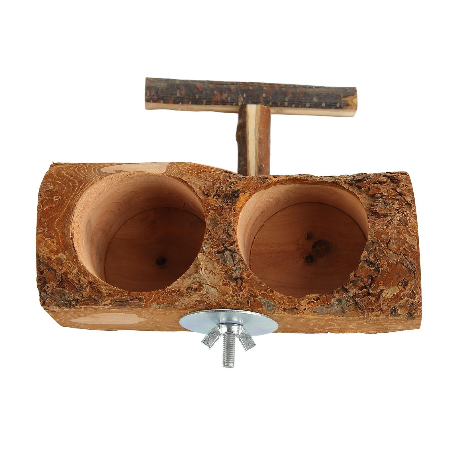 

Wooden Parrot Cage Feeder Cups Natural Double Bowl Bird Feeding Watering Dish Cups with Stick