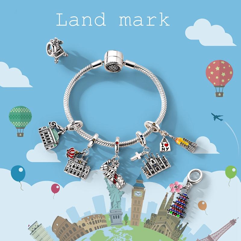 Original Copper Charms Beads Paris Eiffel Castle Church Pendant Fit Bracelet Bangle Pendant Women Diy Jewelry Gift