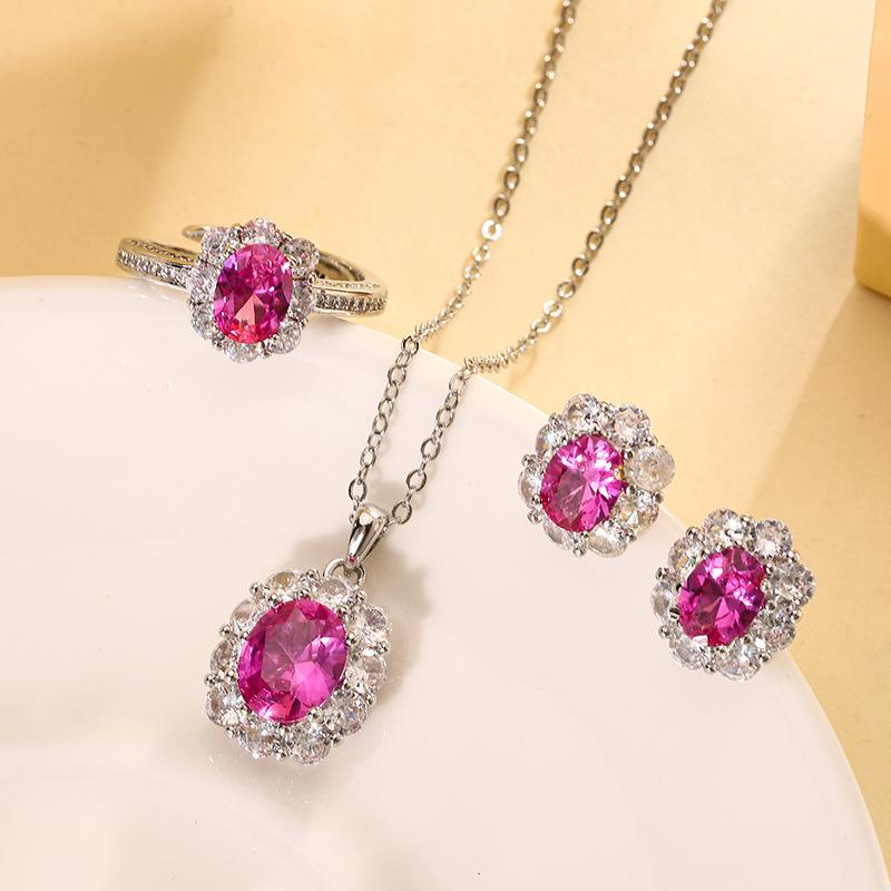 Jewelry Copper Bottom Gold-Plated Simulation Red Corundum Retro Temperament Three Sets 8 * 10-6 * 8