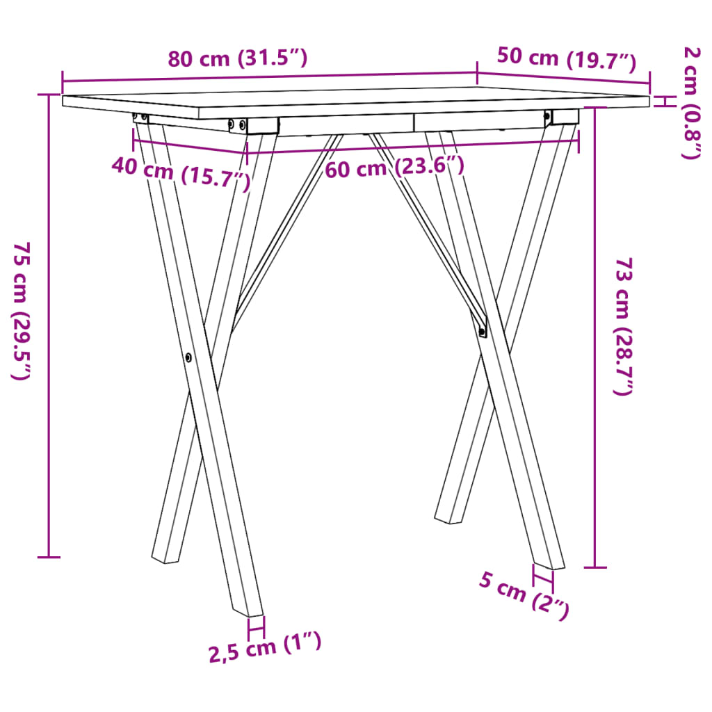 Dining Table X Frame 80 x 50 x 75 cm Solid Pine Wood and Steel