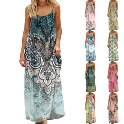Women's Fashion Backless Spaghetti Strap Casual Loose-Fit Vintage Print Dress