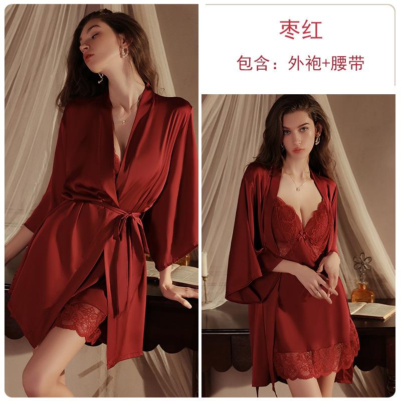 Pure desire plus chest pad underwear sweet lace sexy silky satin nightdress robe home women's suit