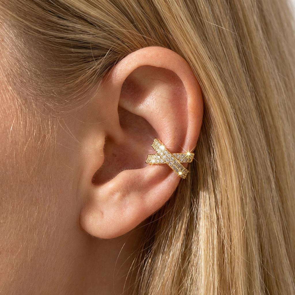 

Women s Ear Cuff Earrings: New Personalized Creative Design with Crossed Diamond Inlay, Sparkling Ear Cuff, Niche Style for Non-Pierced Ears золотой