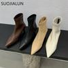 Fashion SUOJIALUN Winter New Thin Low Heel Women Ankle Boots Fashion Pointed Toe Slip On Chelsea Boots Shoes Soft Leather Short Boots