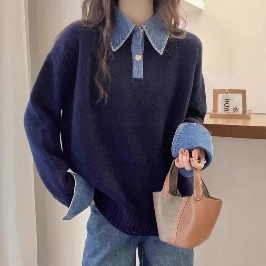 Women's Loose Polo Collar Denim Patchwork Two-Piece Sweater - Autumn Winter 2026 Knitwear Fashion Top