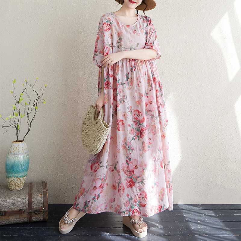 

Женское тонкое хлопково-льняное платье с круглым вырезом и короткими рукавами One size розовый