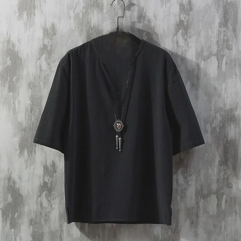 Men's Chinese Style Linen T-Shirt: Short-Sleeve, Loose Fit, Summer Cotton Blend, Buttoned, Trendy Tang Suit